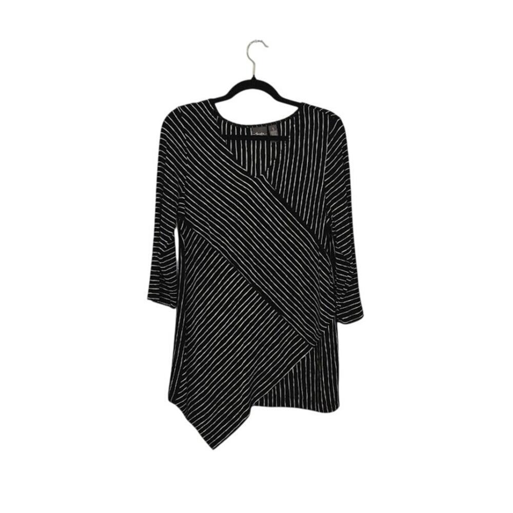 Chico's Travelers Womens Striped Top Medium Black Asymmetrical Hem Lagenlook